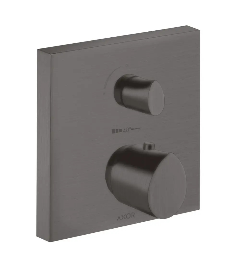 Thermostat von AXOR mit zwei Knöpfen für Temperatur- und Stellanpassung, in brushed black chrome, montiert auf quadratischer Wandplatte.